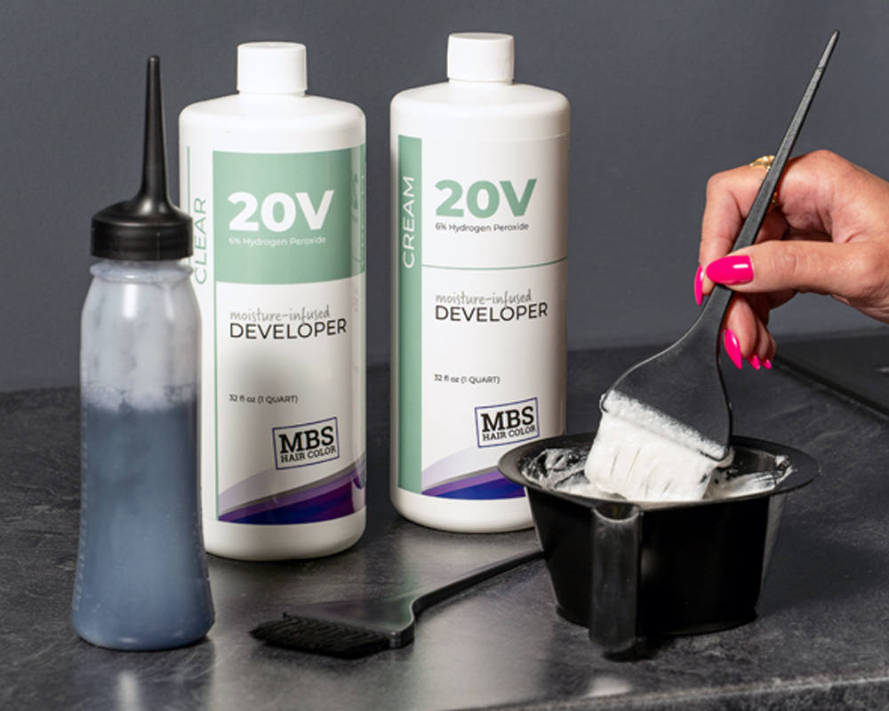 MBS Hair Color Developers with bottle, brush and mixing bowl