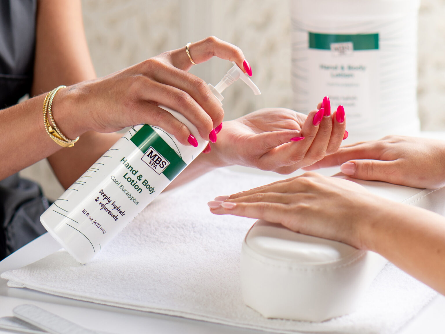 MBS Spa Lotion used during a manicure service